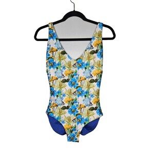 LONDRE The Minimalist One Piece Swimsuit Medium Long Tall Floral Blue Reversible